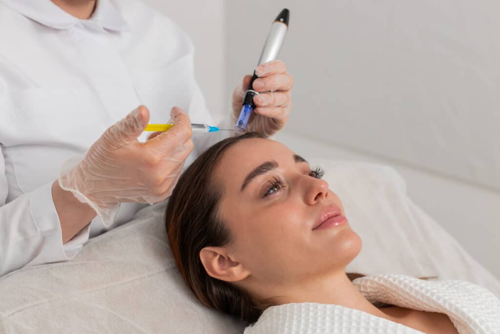 trichologist doing woman hair regeneration procedure dermapen microneedling vitamin injections